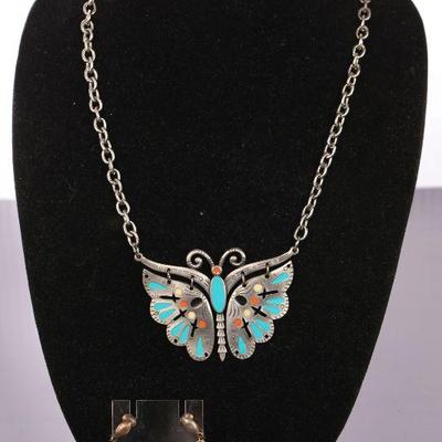 Celebrity butterfly necklace and fish bone earrings