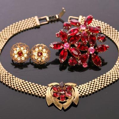 Lustern 12kt gold filled necklace, rhinestone brooch and earrings
