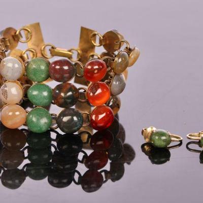 Semi-precious jeweled bracelet, jade and gold earrings