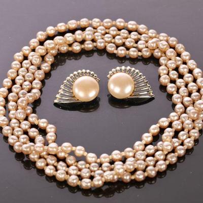 Pearl necklace, earrings