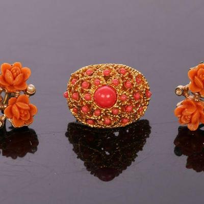 Vtg coral earrings and ring