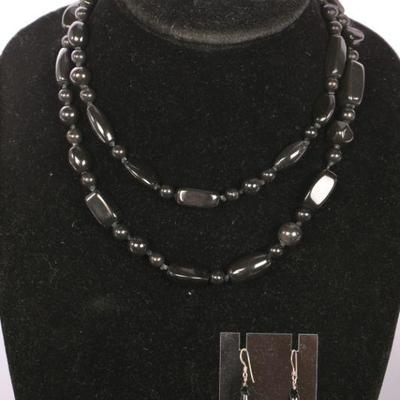 Jet beaded necklace and earrings