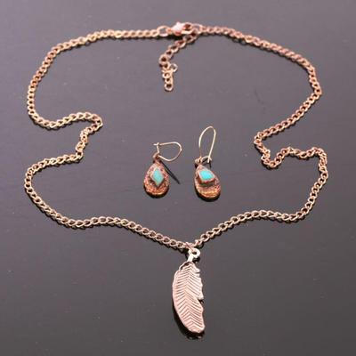 Feather necklace and copper/turquoise earrings