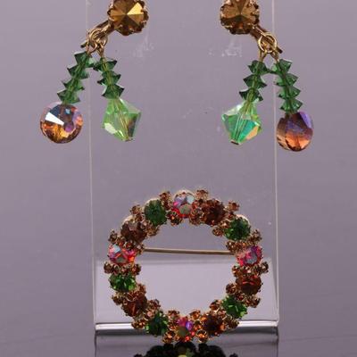 Aurora crystal beaded earrings and brooch