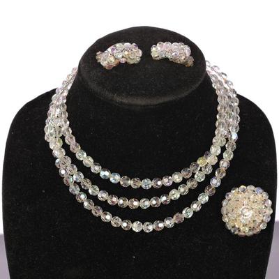 Aurora crystal beaded necklace, earrings, brooch