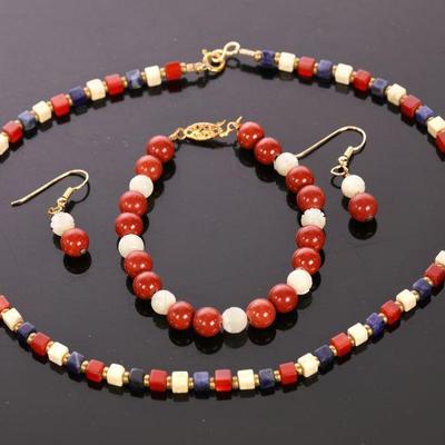 Jasper and jade necklace, bracelet and earrings