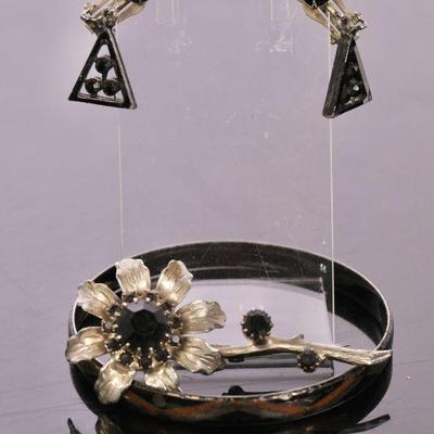 rhinestone brooch, bangle bracelet and earrings