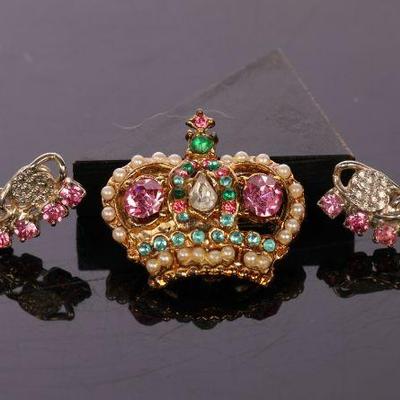 Vintage rhinestone crown brooch and earrings