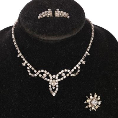 Vintage rhinestone necklace, brooch and earrings
