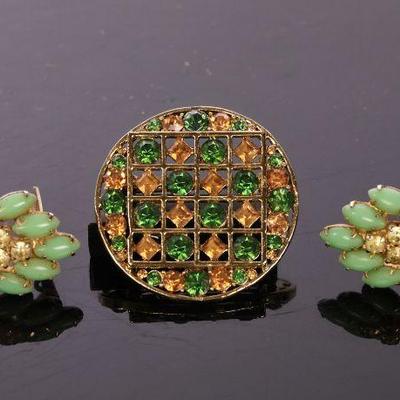 Vtg rhinestone brooch and glass earrings