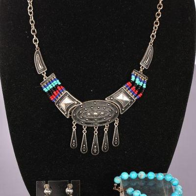 Southwestern necklace, turquoise bracelet, earrings