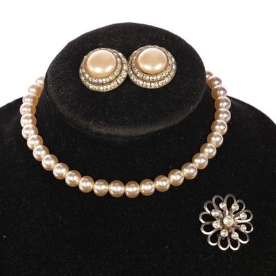 Pearl necklace, earrings, brooch