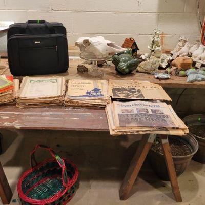 Old Newspapers, sheet music and yard decor 