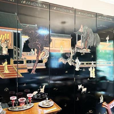 10 foot double sided Asian folding screen carved 