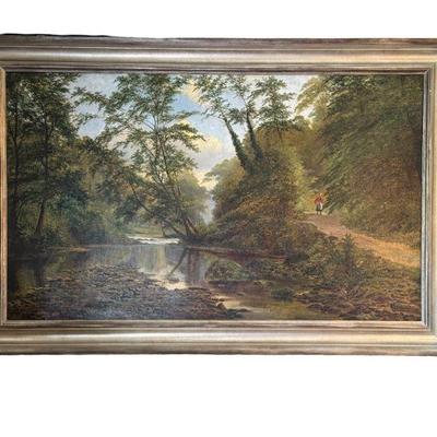 Large 19th Century English Oil on Canvas "Girl on Wooded Path"