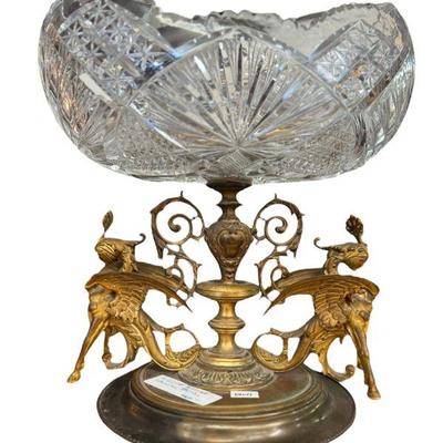 Cut Crystal Bowl with Figural Bronze Stand