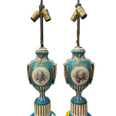 Pair Antique English Porcelain Urns Mounted as Lamps
