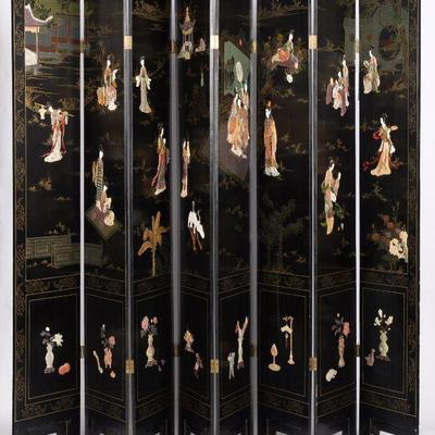 Black Lacquered Soft & Hard Stone Chinese 8 Panel Screen