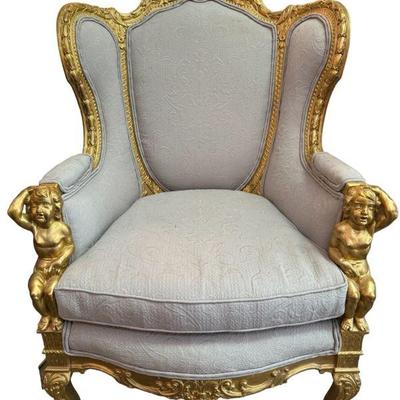 Antique Upholstered Chair with Gilt Gold Cherub Accents