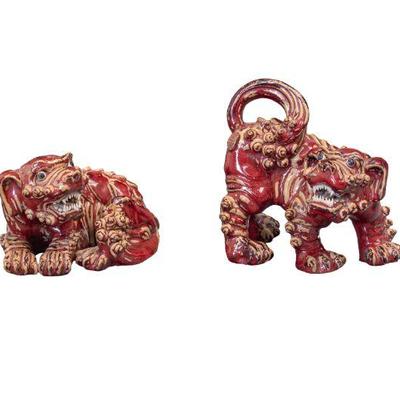 Pair Artist Signed Oxblood Glazed Foo Dogs