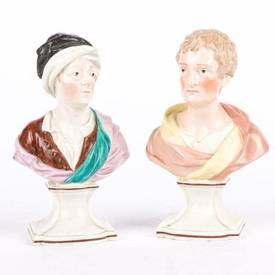 Pair Pedestal Staffordshire Pearlware Pottery Painted Busts