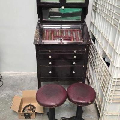 #2532 • Wooden Opthalmic Hutch with Two Adjustable Round Stools
