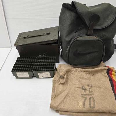 #1816 • Metal Ammo Can, Nike Back Pack & German Burlap Mail Sack
