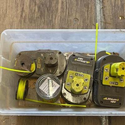 #8258 • (3) Ryobi Batteries and (6) Spools of Line for Trimmers
