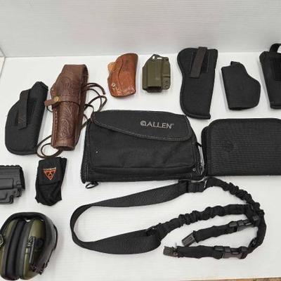 #1832 • (8) Gun Holsters, (2) Soft Cases, Safety Ear Muffs
