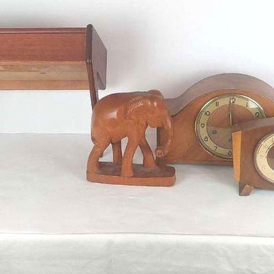 MCM Wooden Clocks, Wood Elephant And Hanging Wood Shelf With Drawer