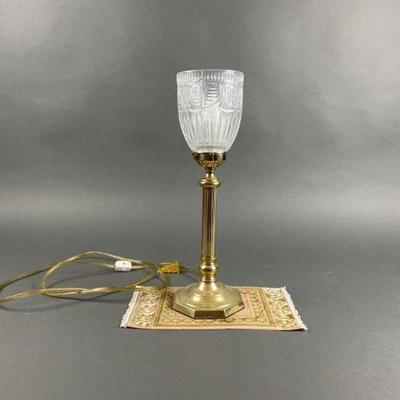 Lot 61 | Vtg Torchiere Brass & Etched Glass Hurricane Lamp
