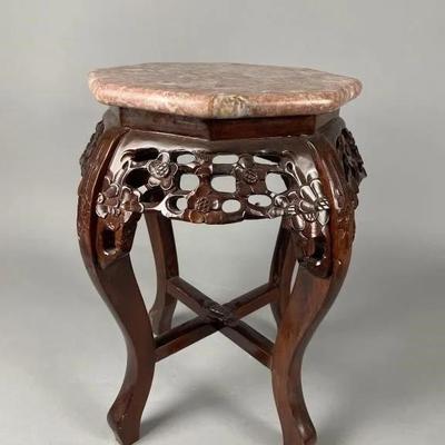 Lot 59 | Wood Carved Marble Top Plant Stand
