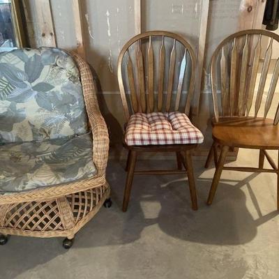 Lot 232 | Wicker Chair With Wheels & 2 Kitchen Chairs
