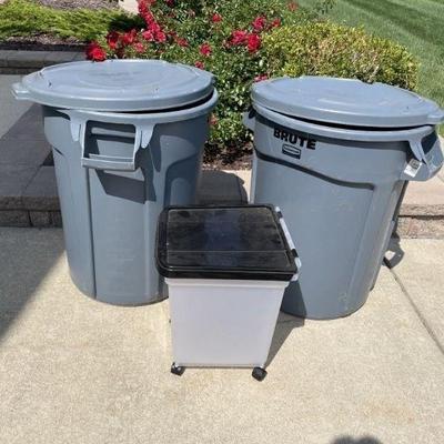 Lot 289 | 2 Rubermaid Brute 32 Gall Trash Cans & More!
