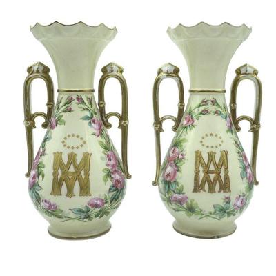 PAIR 19TH C FRENCH HAND PAINTED VASES PARIS
