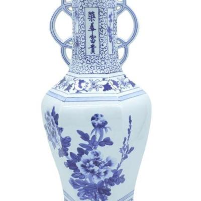 TALL HAND PAINTED BLUE & WHITE PORCELAIN VASE