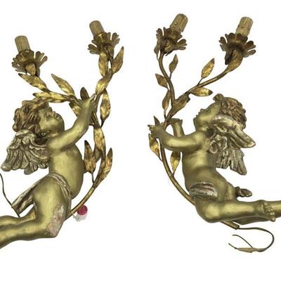 PAIR GILDED CHERUB WALL SCONCES