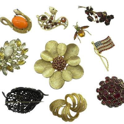10 VINTAGE LARGE  MID CENTURY RHINESTONE BROOCHES