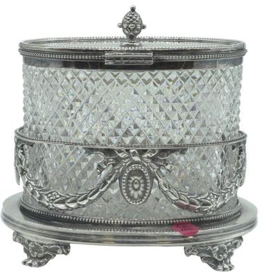 ENGLISH SILVERPLATE & CUT CRYSTAL BISCUIT JAR