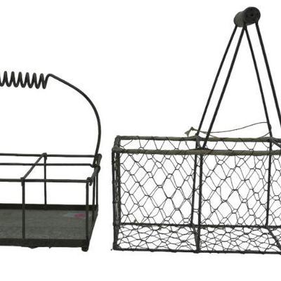 2 ANTIQUE METAL MILK BOTTLE CADDY / HOLDERS