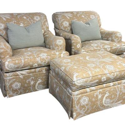 3 HENREDON UPHOLSTERY COLLECTION CHAIRS & OTTOMAN