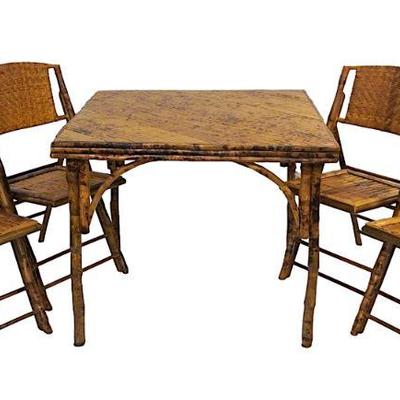 MID CENTURY BAMBOO TABLE W 4 FOLDING BAMBOO CHAIRS