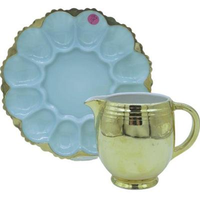 2 pc FIRE KING DELPHITE BLUE MILK GLASS DEVILED EGG PLATE & HALL PITCHER