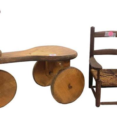 WOODEN DOLL CHAIR AND TRICYCLE