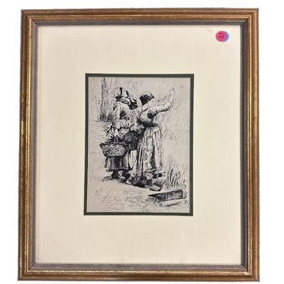 ANTIQUE PEN & INK DUTCH GLEANERS 
