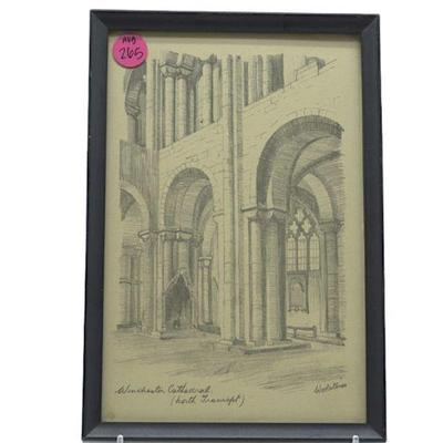 PENCIL SKETCH WINCHESTER CATHEDRAL SIGNED "WOOLSTONES"