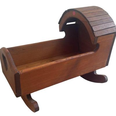 HANDMADE WOODEN ROCKING DOLL CRADLE