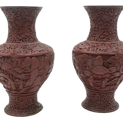 PAIR ANTIQUE CHINESE CARVED CINNABAR VASES