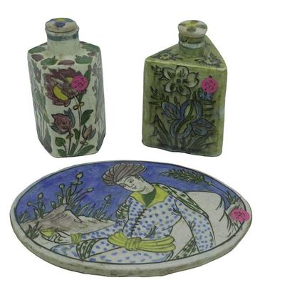 3 ANTIQUE PERSIAN QAJAR POTTERY TILE - FLASKS
