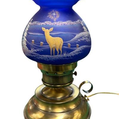 LIMITED EDITION HAND PAINTED FENTON BLUE SATIN GLASS LAMP